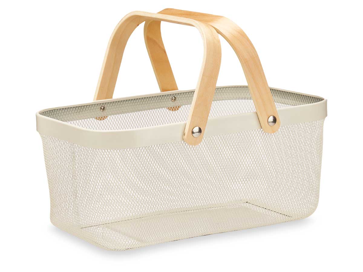 Cesta rectangular de malla blanca con 2 asas de madera
