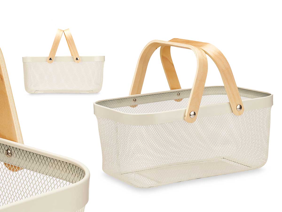 Cesta rectangular de malla blanca con 2 asas de madera - Imagen 2