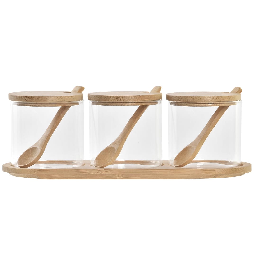 Set de 3 recipientes de borosilicato y bambú con bandeja