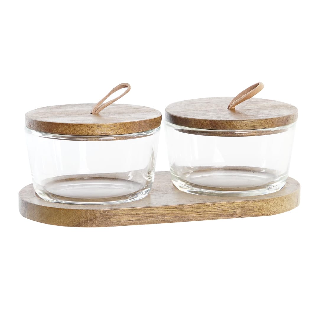 Set de tarros de cristal y acacia con bandeja