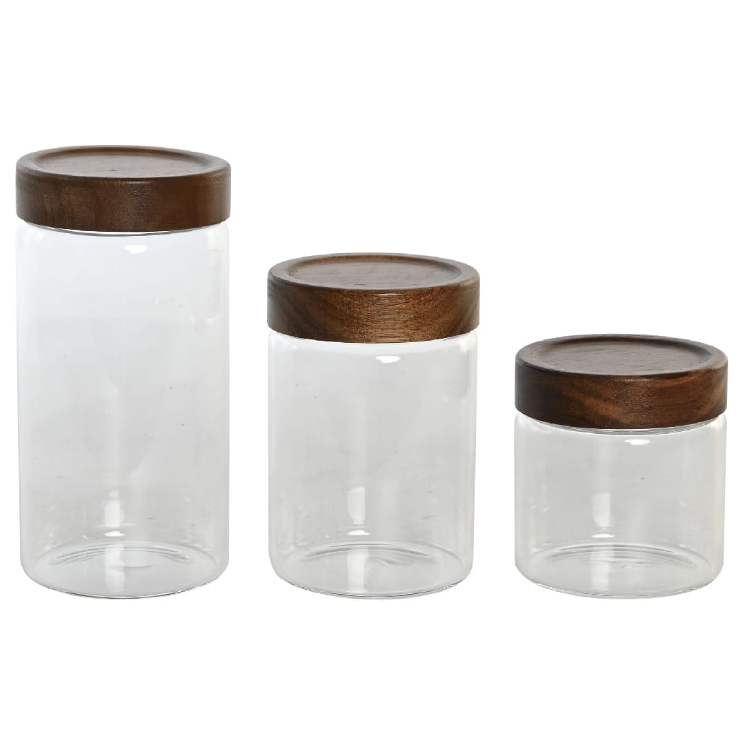 Set 3 botes de cristal y acacia